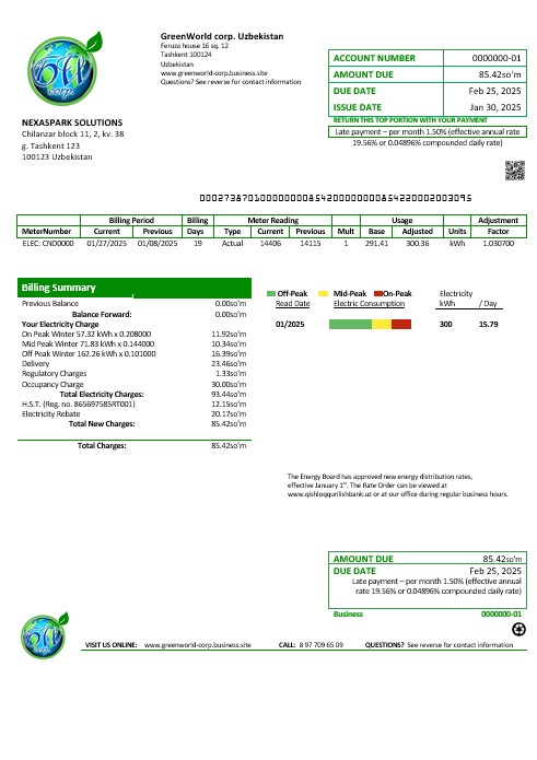 Uzbekistan GreenWorld business utility bill template in Word and PDF  format, fully editable PSD template